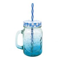 GLASS MUG WITH CAP  AND STRAW- BLUE