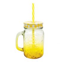 GLASS MUG WITH CAP  AND STRAW- YELLOW